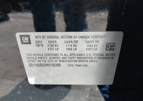 2017 Chevrolet Impala 1Lt из США, поврежденный, VIN 2G1105S32H9106288